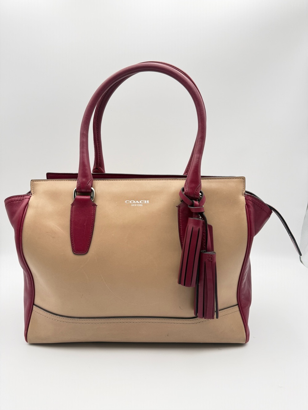 Coach Burgundy & Beige Leather Satchel Tote Bag F1376-25802 with Tassels